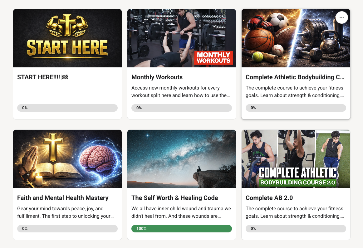 Private community platform showing courses and monthly workouts